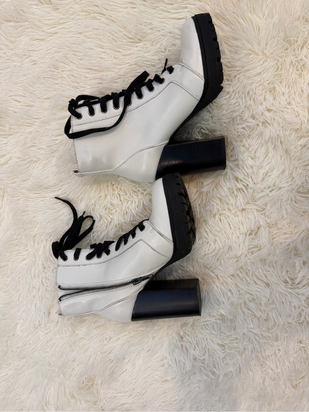 Steve Madden White Lace-Up Block Heel Ankle Boots with Black Accents